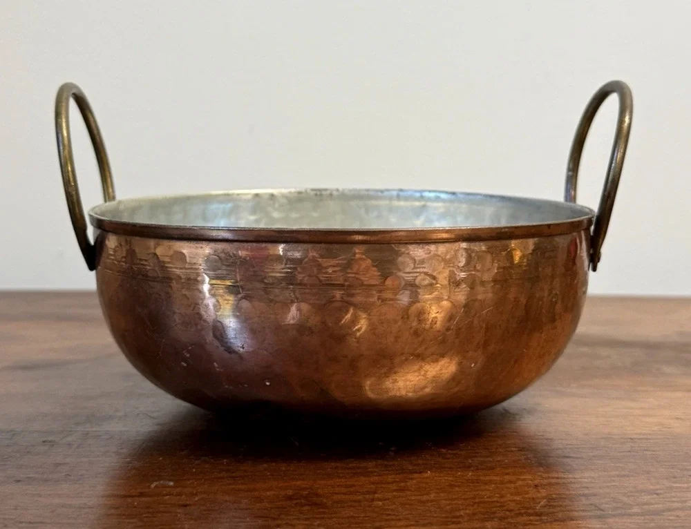 Vintage Hammered Copper Bowl Pot Tin Lined Brass Handles 6